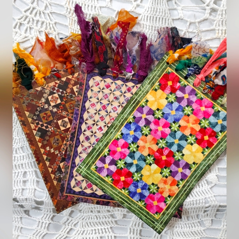 🙏 HAND CRAFTED set of 3 XL quilt pattern journaling cards with fabric tassel